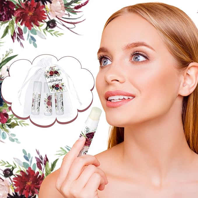 Dunzy 50 Pack Bridal Shower Favors Gifts Bulk Burgundy Floral Lip Balms Party Supplies Wedding Party Favors Bachelorette Prizes Souvenirs Thank You Appreciation Gifts for Guests Women Coworker Staff-Velvo Beauty