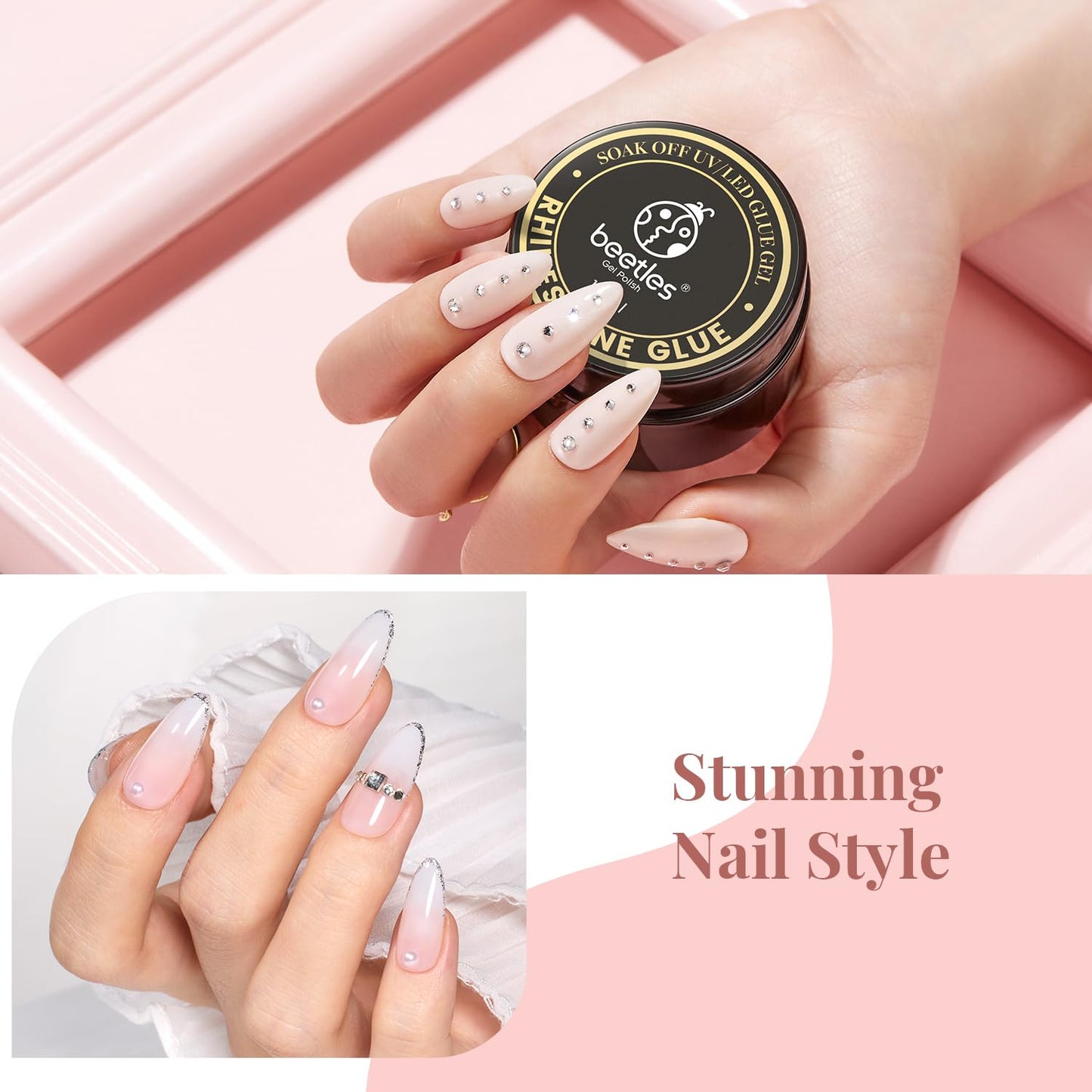 Beetles Rhinestone Glue for Nails with 2 Dual Purpose Brush Pen, 1Pcs 15ml Nail Glue for Nail Art Adhesive Resin Gems Diamonds Jewelry Decoration Soak Off Led Lamp Fall Nails Gifts for Women-Velvo Beauty