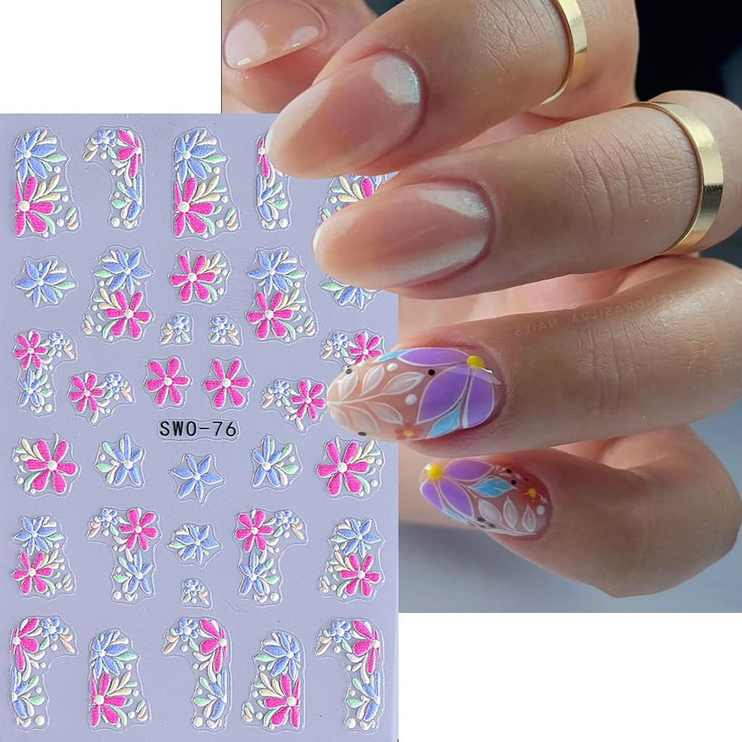 6 Sheets Flower Nail Art Stickers Rose Daisy Nails Art Decals 3D Self-Adhesive Nails Sticker Holographic Stereo Blossom Decal Decoration for Women Wreath Manicure Stickers DIY Nail Supplies-Velvo Beauty
