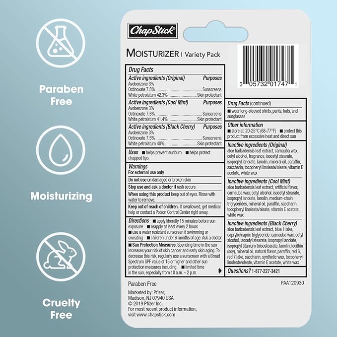 ChapStick Moisturizer Original, Black Cherry and Cool Mint Lip Balm Tubes Variety Pack, SPF 15 and Skin Protectant - 0.15 Oz (Pack of 3)-Velvo Beauty