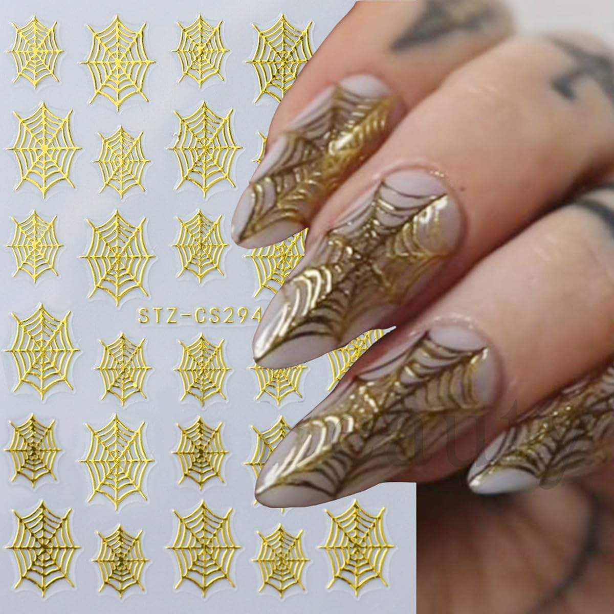 8Sheets Halloween Nail Art Stickers Spider Web Nail Stickers for Nail Art 3D Self-Adhesive Nail Decals Gold Silver Black White Glitter Spiderweb Bat Spiders Nail Design Halloween Manicure Accessories-Velvo Beauty