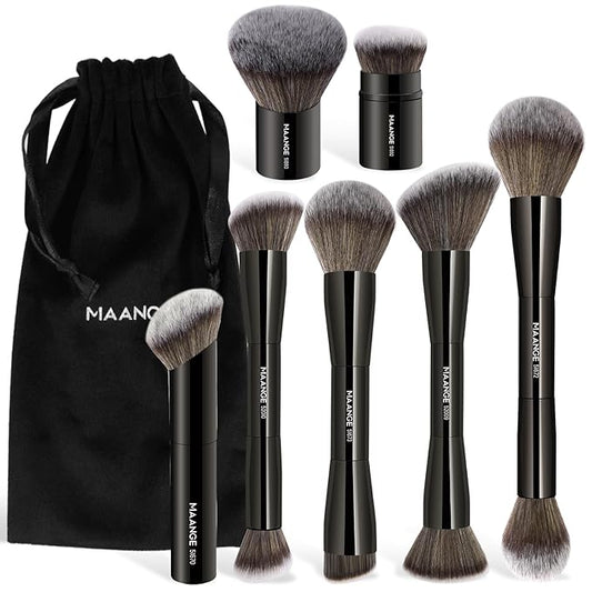 MAANGE 7pcs Makeup Brush Set Double Sided Kabuki Makeup Brushes Contour Brush for Foundation Liquid Powder Concealer Cream Cosmetics Bronzer Blending Blush Buffing Makeup Tools (Black)-Velvo Beauty