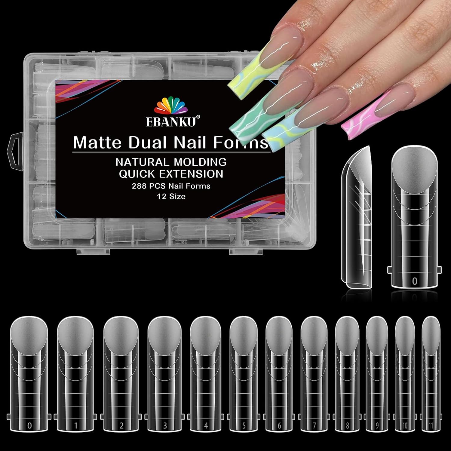 EBANKU 288Pcs Matte Dual Nail Forms, Clear Poly Gel Nail Molds Square Full Cover Coffin Nail Tips Extension Forms for Gel Manicure Nail Art Design Salon&DIY-12 Sizes-Velvo Beauty