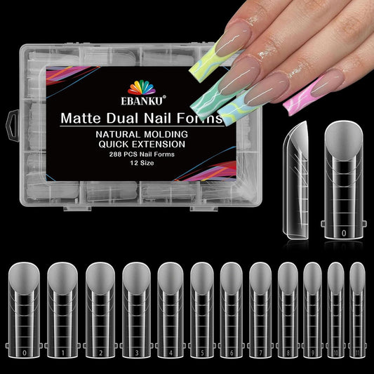 EBANKU 288Pcs Matte Dual Nail Forms, Clear Poly Gel Nail Molds Square Full Cover Coffin Nail Tips Extension Forms for Gel Manicure Nail Art Design Salon&DIY-12 Sizes-Velvo Beauty