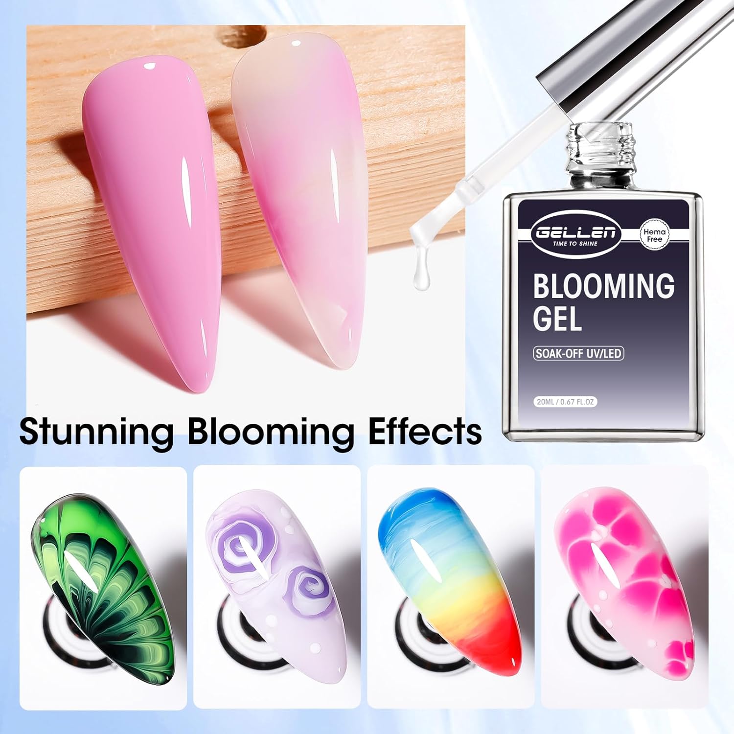 GELLEN 20ML Blooming Gel, Hema Free Blooming Gel Nail Polish, Soak off Clear UV LED Blossom Nail Gel for Spreading Effect, Marble Watercolor Floral Nail Art Design, DIY Manicure Gift for Women-Velvo Beauty