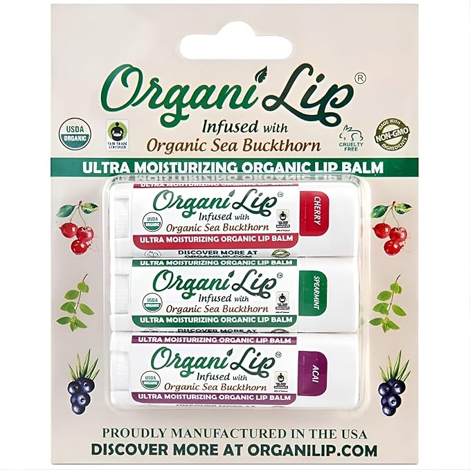 OrganiLip Organic Lip Balm, Variety3 Pack (Spearmint, Cherry, Acai), Ultra Hydrating Lip Moisturizer for Dry Lips, USDA Certified Organic,-Velvo Beauty