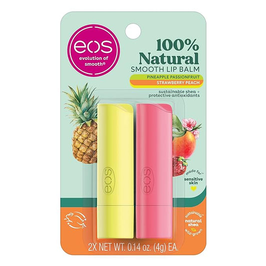 eos 100% Natural Lip Balm - Strawberry Peach and Pineapple Passionfruit, Dermatologist Recommended, All-Day Moisture, 0.14 oz, 2 Pack-Velvo Beauty