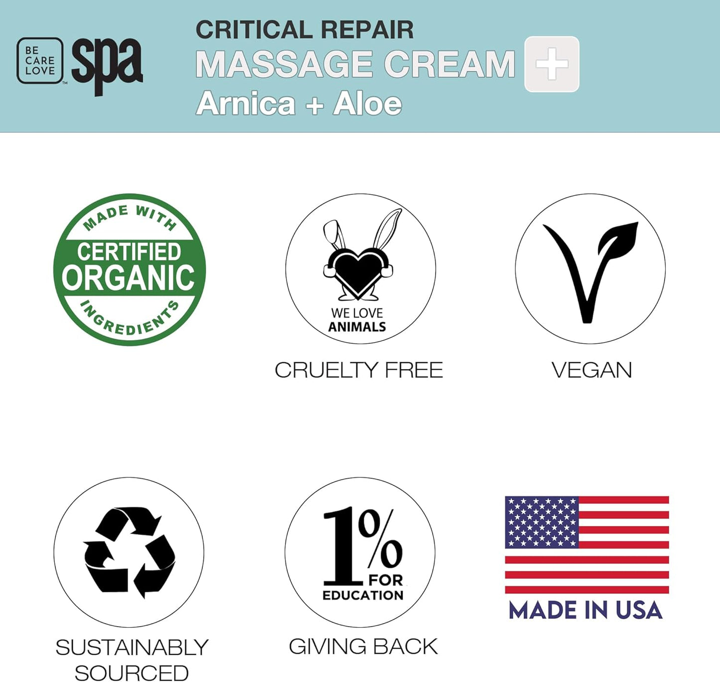 Be Care Love Spa Critical Repair Massage Cream with Organic Arnica and Organic Aloe Natural Vegan Clean Beauty Made in USA 16 fl oz-Velvo Beauty