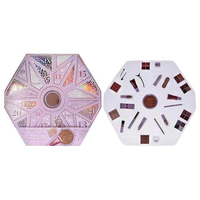 Sunkissed Christmas 25 Days of Beauty - Face, Lips and Eye Makeup - 2 Nail Polishes and 3 Cosmetic Brush Applicators - Vegan Formula - 25 Makeup Products and Accessories - 1 pc Gift Set-Velvo Beauty