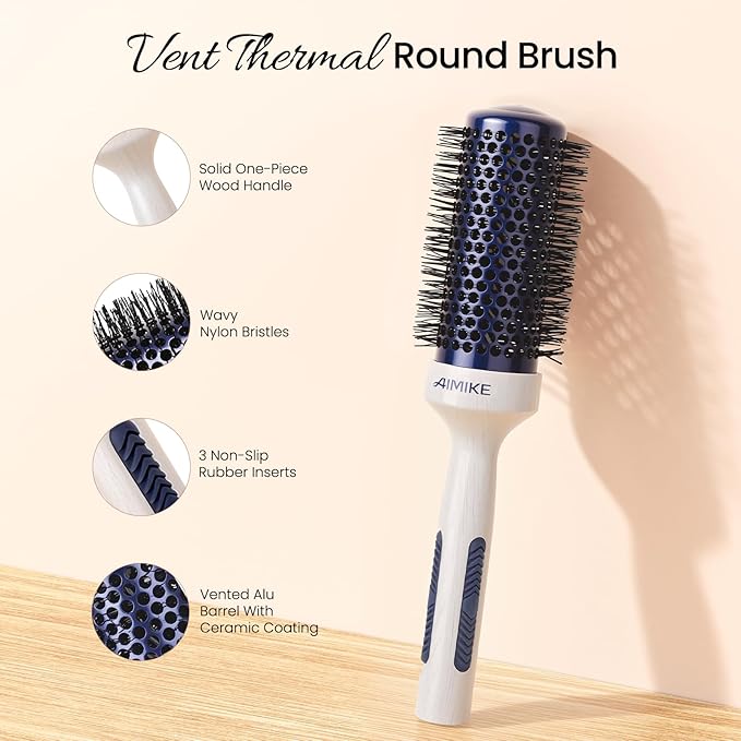 AIMIKE Nano Ionic Tech Ceramic Brush for Blow Drying, Styling and Volume Boost - Natural Wood One-Piece Design, 1.7 Inch/43mm-Velvo Beauty
