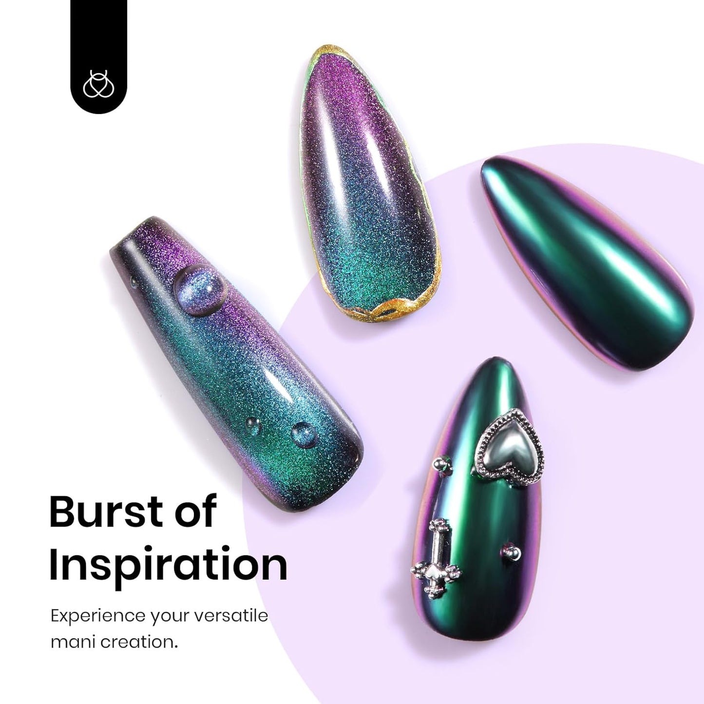 Beetles Cat Eye Chrome Nail Powder Set, 2 in 1 Holographic Metallic Mirror Effect Chameleon Galaxy Powder with No Wipe UV Gel Top Coat Magnet for Velvet Metallic Nail Art-Velvo Beauty