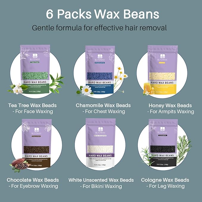 BLITZWAX Back and Nose Waxing Kit for Men, Hard Wax Warmer for Brazilian, Body and Face, At Home Hair Removal Kit, Beginner Friendly, Quick Heating, 93 Accessories, Blue Spruce-Velvo Beauty