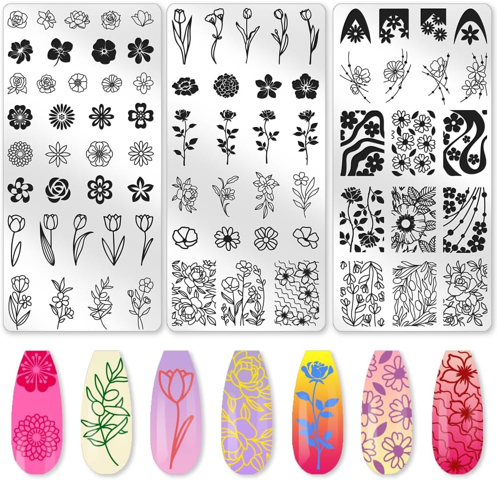 3Pcs Flower Nail Stamping Plate Set Tulips Roses Stainless Floral Steel Nail Stamp Templates Clear Silicone Nails Stamping with Stamper Scraper for Manicure Printing-Velvo Beauty