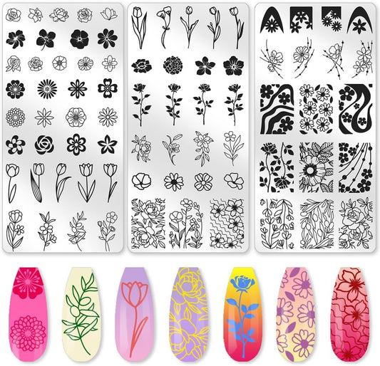 3Pcs Flower Nail Stamping Plate Set Tulips Roses Stainless Floral Steel Nail Stamp Templates Clear Silicone Nails Stamping with Stamper Scraper for Manicure Printing-Velvo Beauty