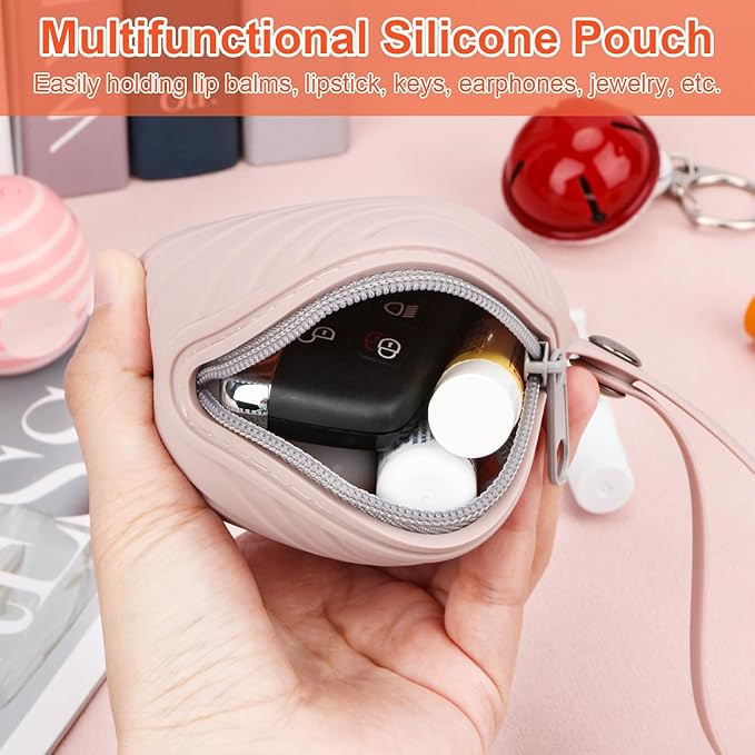 Desing Wish Silicone Lip Balm Holder with Silicone Zipper Pouch, Portable Lip Balm Keychain Sleeve - Silicone Storage Bag for Lip Balms/Small Cosmetics/Earphones/Keys - Pink-Velvo Beauty