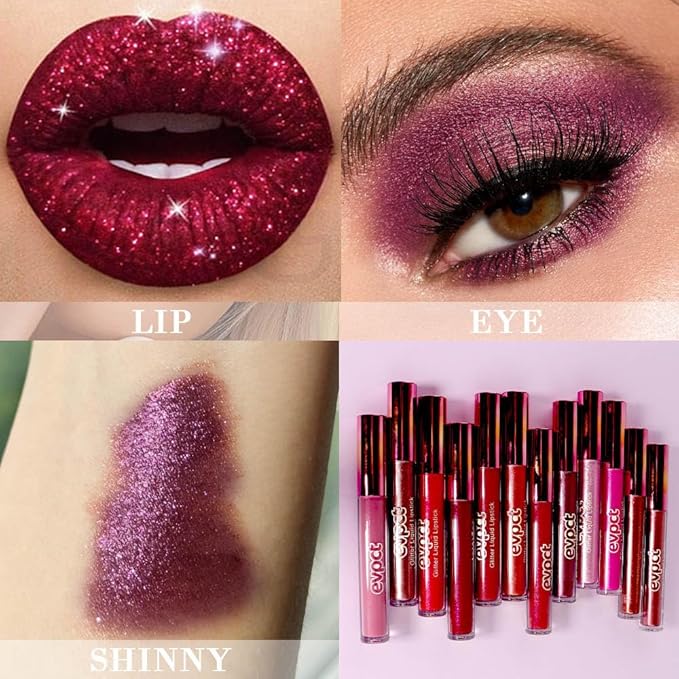 evpct 2Pcs Red Glitter Metallic Shimmer Diamond Lipstick Lip Gloss Stain Set for Women Long Lasting Waterproof, Dark Hot Bright Red Sparkle Glitter Matte long wear Liquid Lipstick Lip Makeup Kit-Velvo Beauty