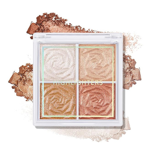Boobeen Blush and Highlighter Palette- 4-color Metallic Shimmer Shadow Powder, Illuminator Makeup Set for Shading, Highlighting & Defining the Face-Velvo Beauty