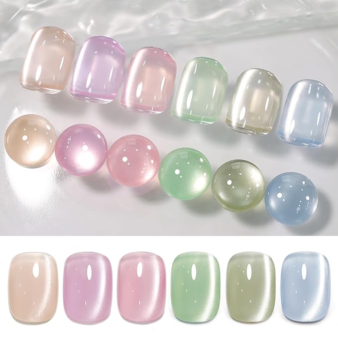Born Pretty Pastel Magnetic Gel Nail Polish,Water Light Cat Magnetic Eye Gel Jelly Glass Crystal Nail Polish Glitter Shimmer Auroras Magnetic Gel Nail Art Manicure Kit 6PCS-Velvo Beauty