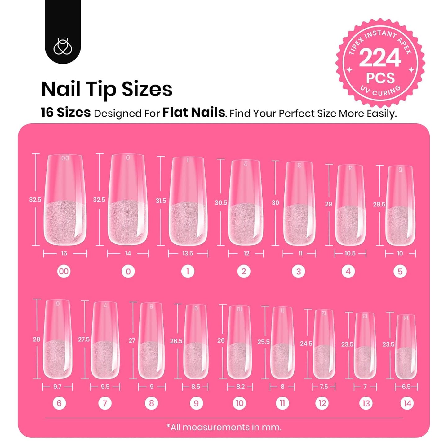 Beetles Tipex Nail Tips Kit, Long Square-C Curved Half Matte Nail Tips 224 Pcs 16 Sizes Pre Building Fake Nails with Tipex Nail Glue, Mini Nail Lamp - Thick Acrylic Nail Set-Velvo Beauty