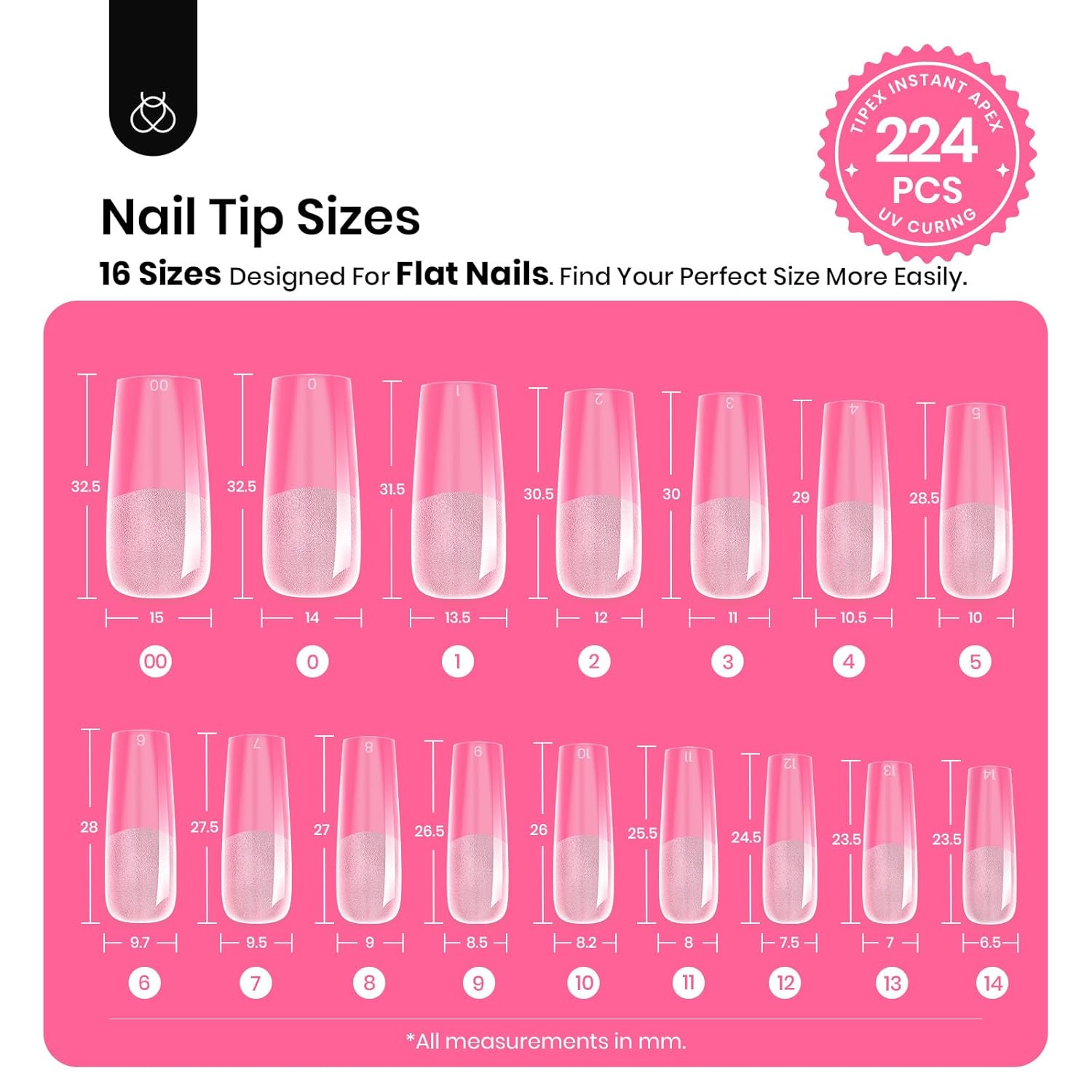 Beetles Tipex Nail Tips Kit, Long Square-C Curved Half Matte Nail Tips 224 Pcs 16 Sizes Pre Building Fake Nails with Tipex Nail Glue, Mini Nail Lamp - Thick Acrylic Nail Set-Velvo Beauty