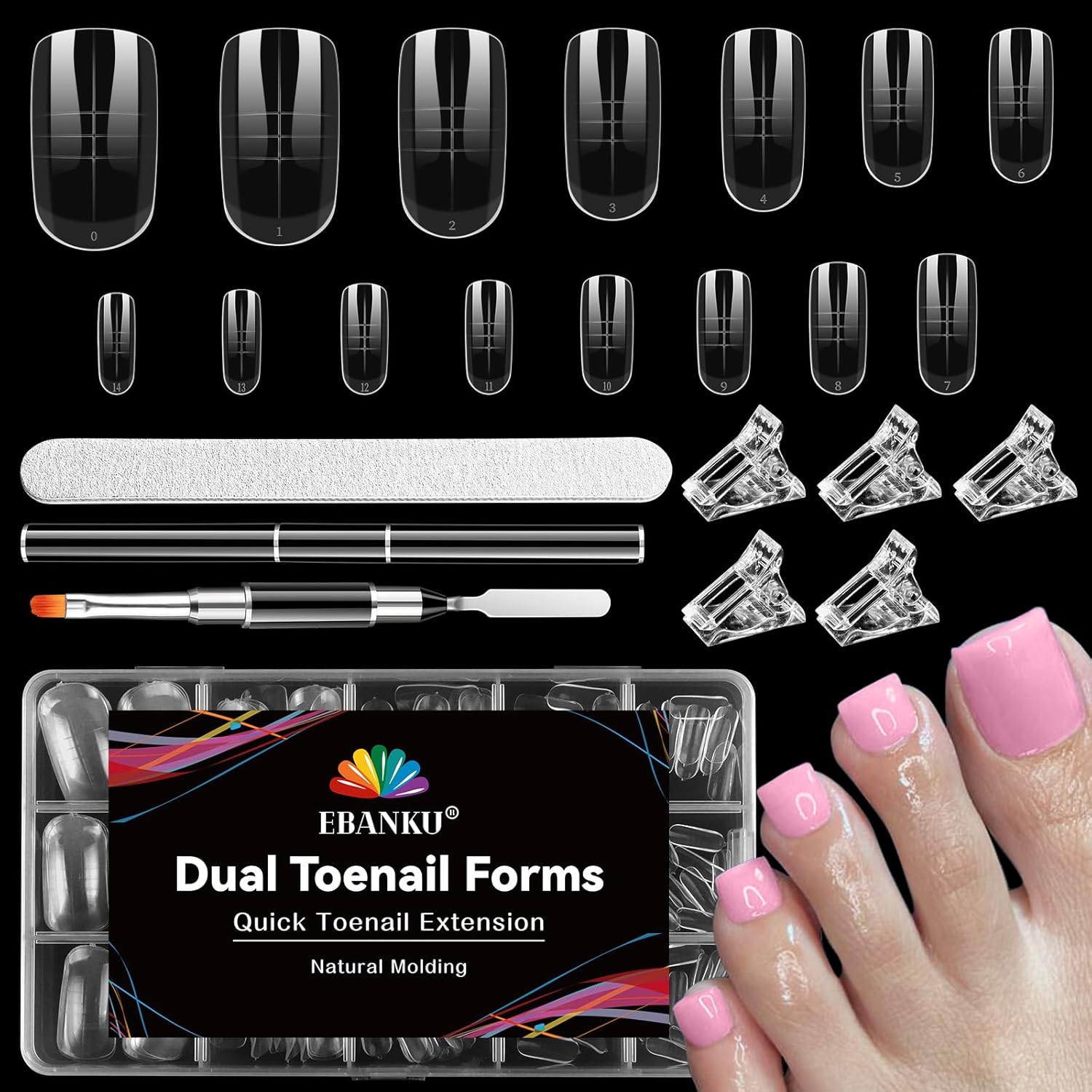 Poly Gel Toe Nail Form Set, EBANKU Reusable Toenails Dual Forms for Nail Extensions, Poly Gel Toe Nail Tips With Dual-Ended Brush, File and 5PCS Clips - 15 Sizes 150PCS-Velvo Beauty