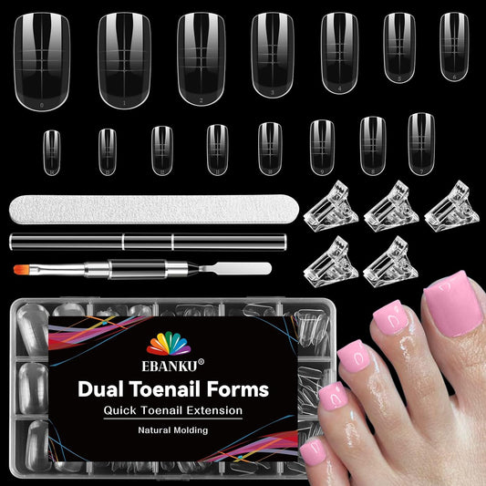 Poly Gel Toe Nail Form Set, EBANKU Reusable Toenails Dual Forms for Nail Extensions, Poly Gel Toe Nail Tips With Dual-Ended Brush, File and 5PCS Clips - 15 Sizes 150PCS-Velvo Beauty