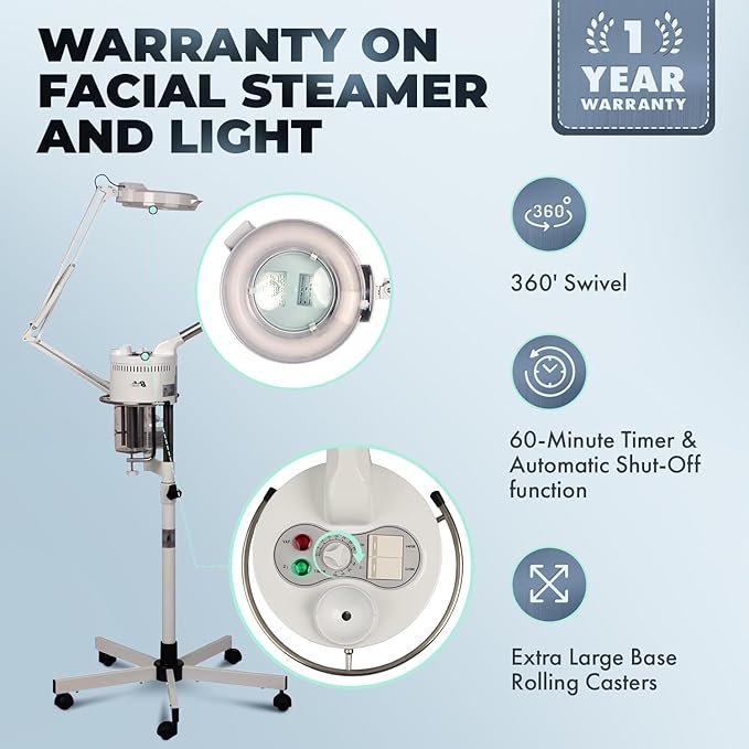 Buy-Rite 2-in-1 Marie Ozone Facial Steamer, 5 Diopter Magnifying Lamp, Fully Adjustable Height, 360' Swivel, Timer and Automatic Shut-Off, Large Star Base with Wheels, MEI-2001A-Velvo Beauty