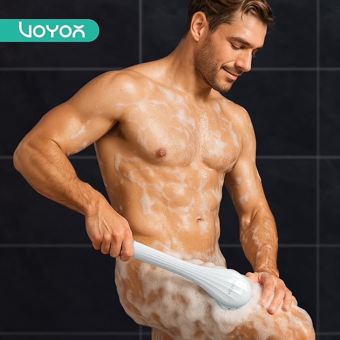 VOYOR Electric Silicone Body Scrubber, Back Scrubber for Shower, Waterproof Long Handle Body Brush, Rechargeable Power Bath Brush for Cleansing, Exfoliating, Massaging Skin BC100 (Blue)-Velvo Beauty