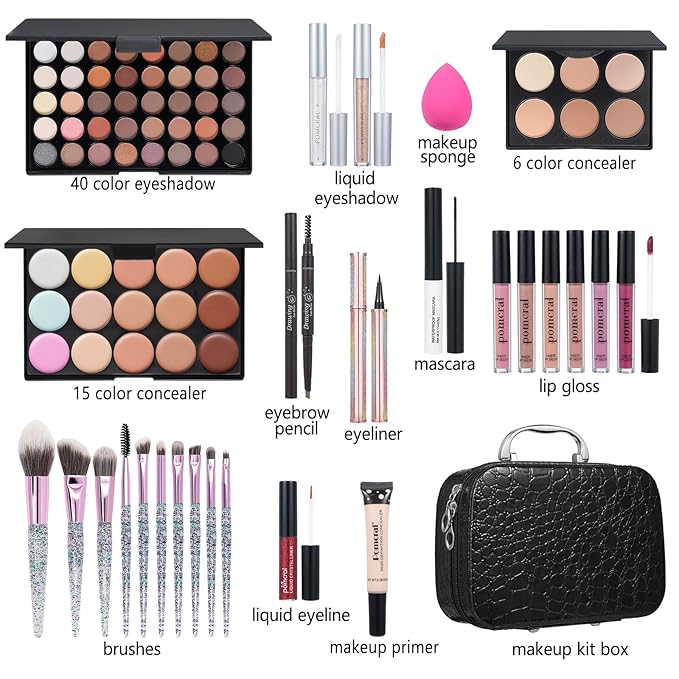 All In One Makeup Kit,Full Makeup Set For Wonmen Includes 40 Colors Eyeshadow Palette Lip Gloss Liquid Lipstick Make up Sponge Brushes Eyebrow Concealer With Makeup Bag-Velvo Beauty