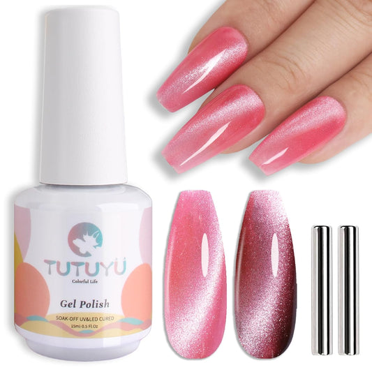 Coral Pink Cat Eye Gel Nail Polish,Crystal Holographic Magnetic Cateye Gel Polish, Pink Color Gel Silver Shimmer Velvet Soak Off Uv Led Home Diy Manicure- GP0083-Velvo Beauty