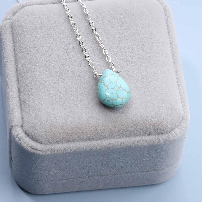 Boho Long Turquoise Necklace Silver Teardrop Turquoise Necklace Blue Turquoise Pendant Necklace Vintage Long Pendant Chain Necklaces Jewelry for Women and Girls-Velvo Beauty