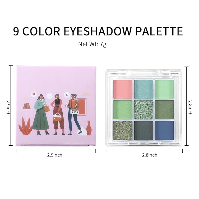 Erinde 9 Colors Eyeshadow Palette, Matte Shimmer Glitter Eye Shadow Palette Makeup, Highly Pigmented Long Lasting Waterproof, Natural Neutral Nude Eyeshadow Make Up Pallet, Blue Green-Velvo Beauty