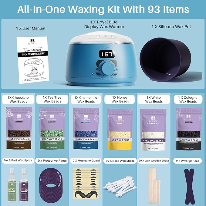 BLITZWAX Back and Nose Waxing Kit for Men, Hard Wax Warmer for Brazilian, Body and Face, At Home Hair Removal Kit, Beginner Friendly, Quick Heating, 93 Accessories, Royal Blue-Velvo Beauty