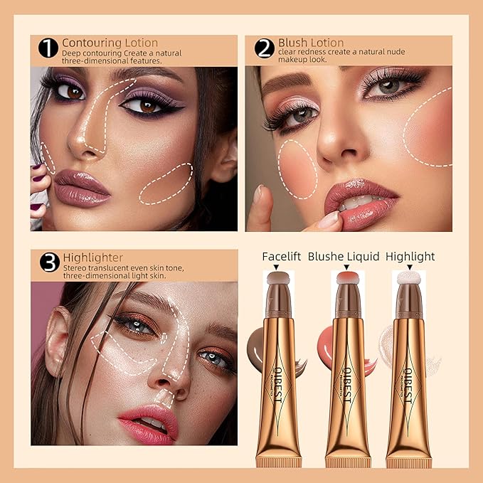3 Pcs Beauty Wand For Liquid Contour Highlighter and Blush Rouge with Cushion Applicator Attached Easy to Blend, Lightweight Blendable Super Silky Cream Face Illuminator Makeup Stick-Velvo Beauty