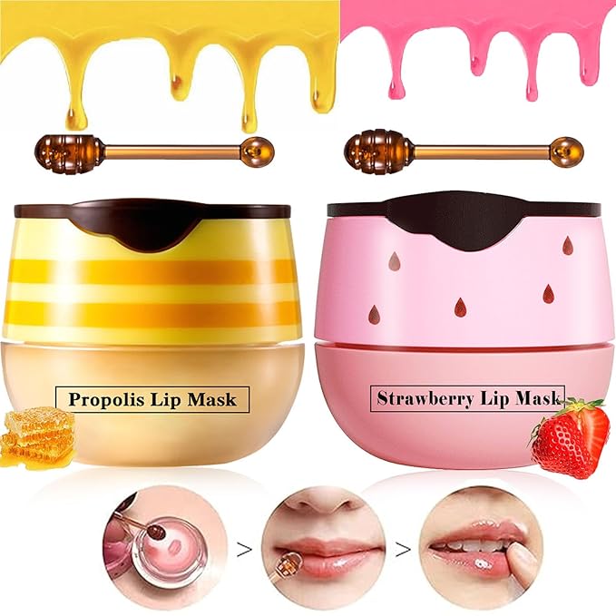 2 Pcs Lip Balm Honey Pot Lip Treatment Overnight Lip Sleeping Balm Strawberry Honey Pot lip Mask Moisturizing Exfoliating Prevent Dry & Cracked Diluting Lip Lines (Honey & Strawberry)-Velvo Beauty