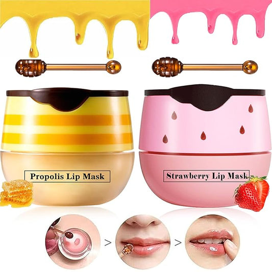 2 Pcs Lip Balm Honey Pot Lip Treatment Overnight Lip Sleeping Balm Strawberry Honey Pot lip Mask Moisturizing Exfoliating Prevent Dry & Cracked Diluting Lip Lines (Honey & Strawberry)-Velvo Beauty