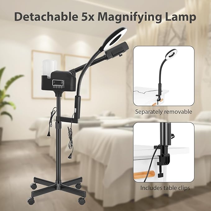 Professional Facial Steamer 2 in1 Steamer for Face 5X LED Magnifying Lamp Facial Steamer for Esthetician Beauty Face Equipment Use at Home or Salon（Black）-Velvo Beauty