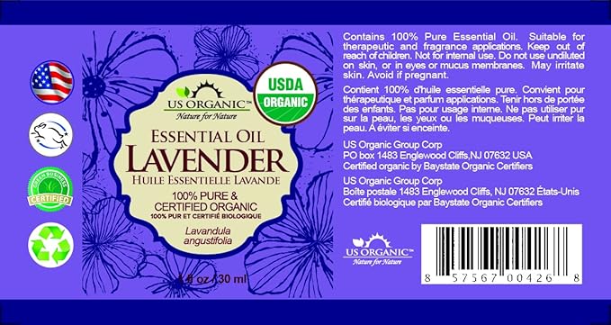 US Organic 100% Pure Lavender Essential Oil, Directly sourced from Bulgaria, USDA Certified Organic, Undiluted, for Diffuser, Humidifier, Massage, Skin, Hair Care, Non GMO, 30 ml-Velvo Beauty