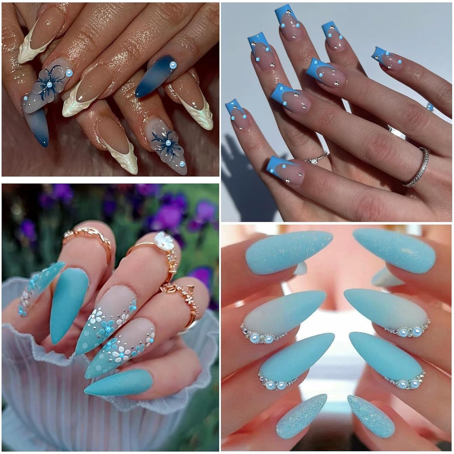 Nail Art Pearls with Rhinestones Glue Gel Flatback Pearls Nail Charms Luxurious Nails Supplies Accessories Gold Silver Gems Jewelry Pearl for Women Nails Design(Blue)-Velvo Beauty