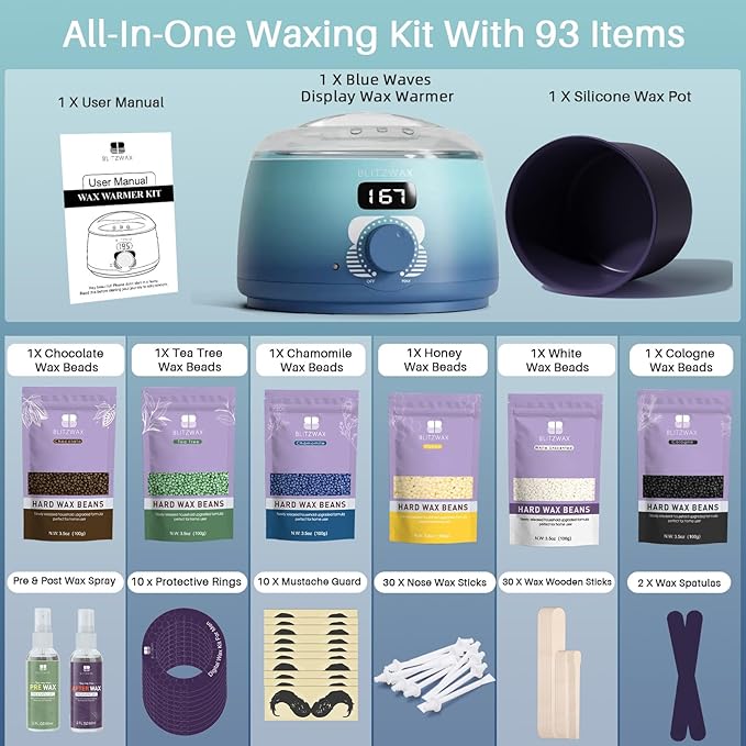 BLITZWAX Back and Nose Waxing Kit for Men, Hard Wax Warmer for Brazilian, Body and Face, At Home Hair Removal Kit, Beginner Friendly, Quick Heating, 93 Accessories, Blue Waves-Velvo Beauty