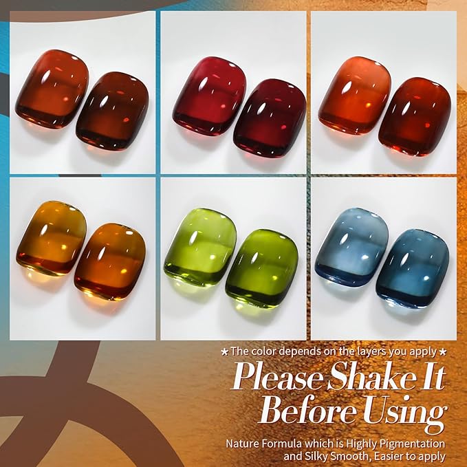 Born Pretty Jelly Gel Nail Polish, Sheer Transparent Crystal Gel Nail Polish, Christmas Brown Red Orange Green Blue Fall Winter Soak off Nail Polish Manicure DIY Home Salon Christmas Gift 7ml 6colors-Velvo Beauty