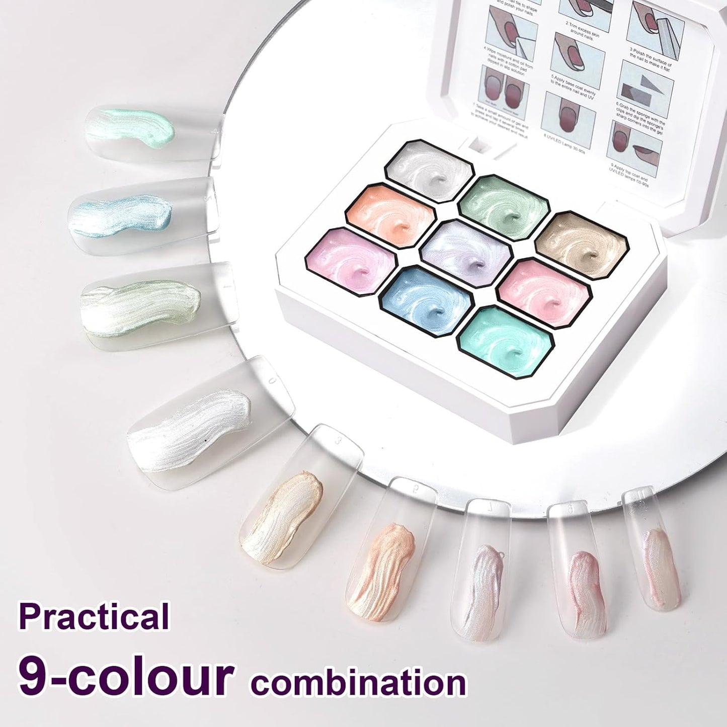 Gradient Painting Gel, 9 Colors Pearlescent Ombre Gel Nail Polish for Pigment Pat Aura Nails French Manicure Long-lasting No-wipe Soak Off UV Treasure of Pearl-Velvo Beauty