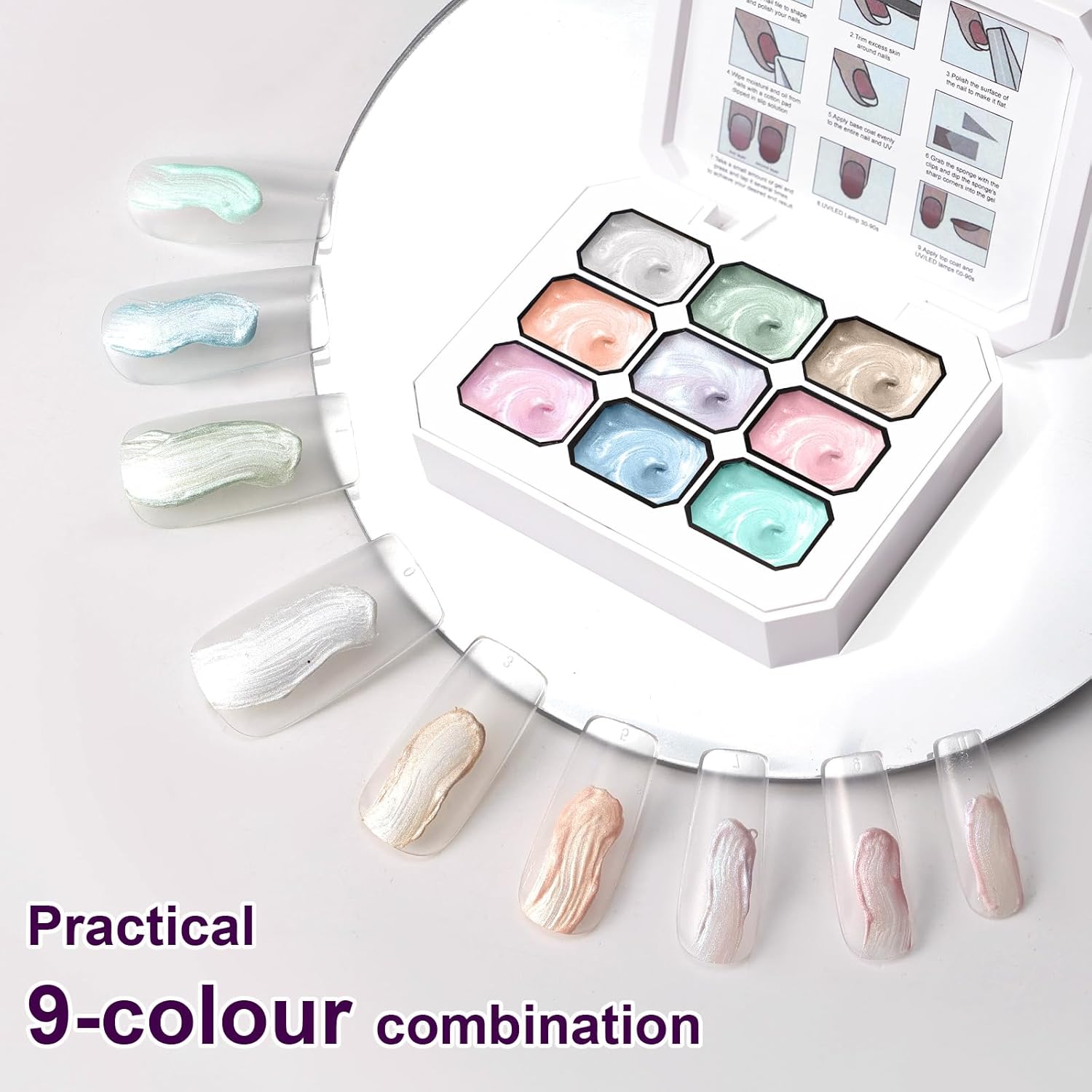 Gradient Painting Gel, 9 Colors Pearlescent Ombre Gel Nail Polish for Pigment Pat Aura Nails French Manicure Long-lasting No-wipe Soak Off UV Treasure of Pearl-Velvo Beauty