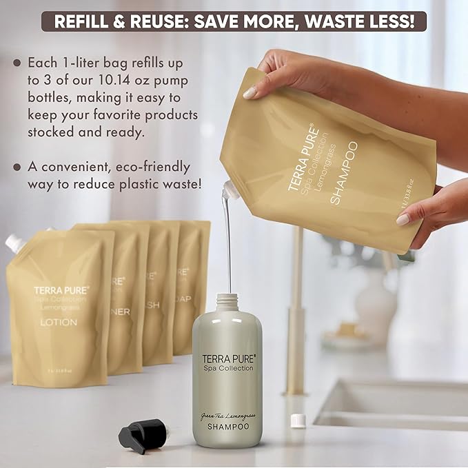 Terra Pure Spa Collection 1 Liter Conditioner Refill Bag For Soap Dispensers | Bulk Toiletries for Vacation Rentals, and Home Bathroom Showers | Green Tea Lemongrass | Single-Velvo Beauty