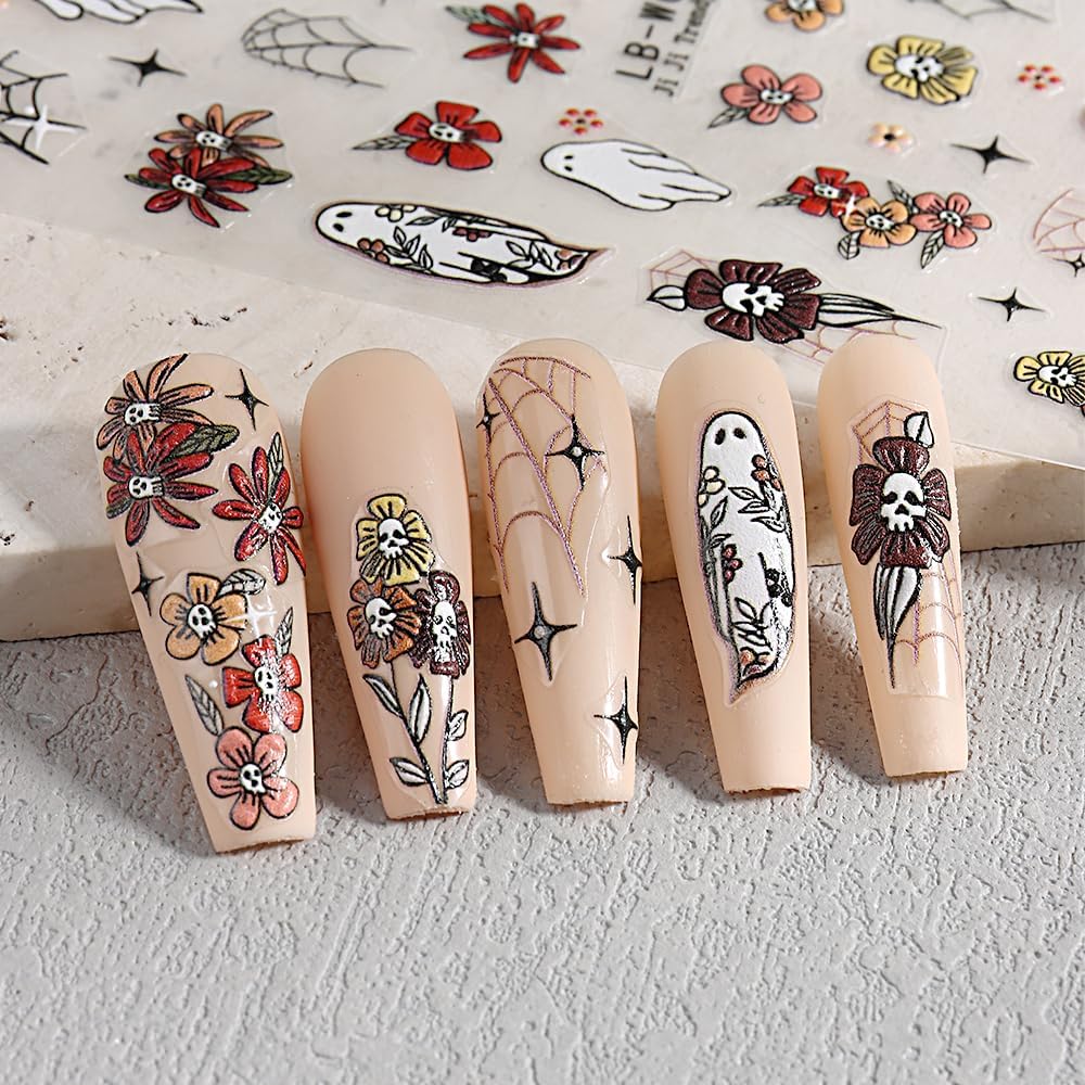 5 Sheets Halloween Nail Art Stickers Horror Ghost Self-Adhesive Embossed Flower Skull Nail Decals - with Cute Sunflower Strawberry Spider Ghost Designs for Women Girls DIY Nail Decoration-Velvo Beauty
