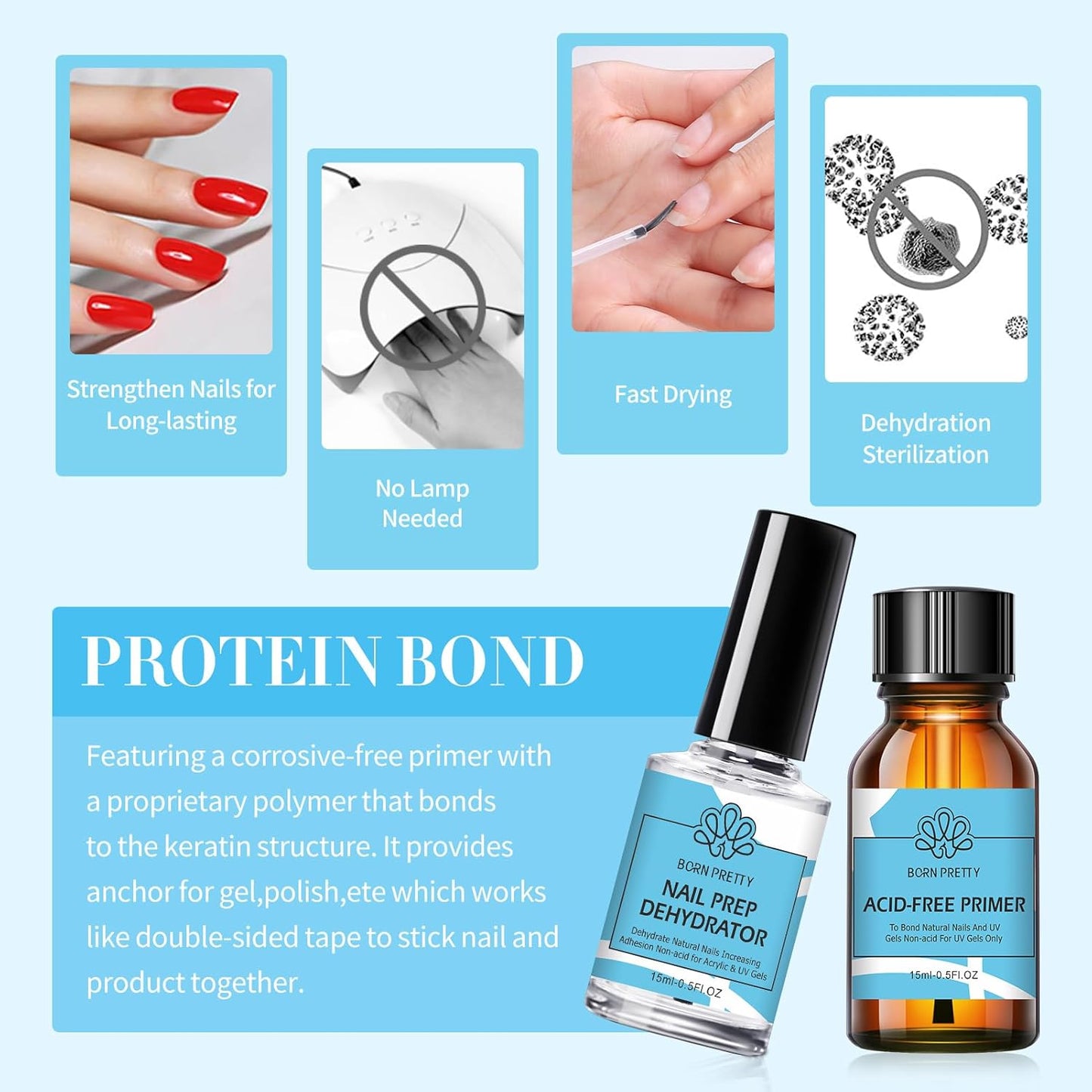 Born Pretty Nail Dehydrator and Primer, Nail Prep Dehydrator Acid Free Nail primer, Cuticle Oil for Nails, Base and Top Gel Coat Nail Supplies Functional Nail Set 5PCS-Velvo Beauty