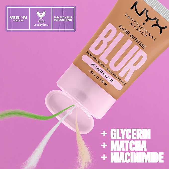 NYX PROFESSIONAL MAKEUP Bare With Me Blur Skin Tint Foundation Make Up with Matcha, Glycerin & Niacinamide - Light Medium-Velvo Beauty