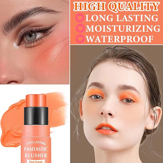 Cream Blush Stick,Blush Stick for Cheeks with Contour Brush,3-in-1 Long Lasting Waterproof Blush&Eye Shadow&Lip Gloss for Natural Skin Types（03 Citrus Pink）-Velvo Beauty