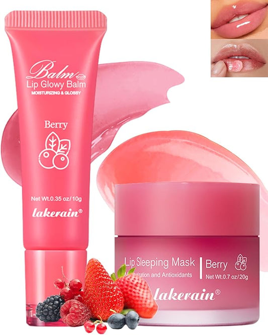 2Pcs Lip Glowy Balm & Lip Sleeping Mask Set,Hydrating Nourishing Repair Sleeping Lip Mask,Glossy Tinted Lip Balm,Day & Night Smooth Cracked Chapped Dry Lip,Lip Care Therapy Treatment for Women-02Berry-Velvo Beauty