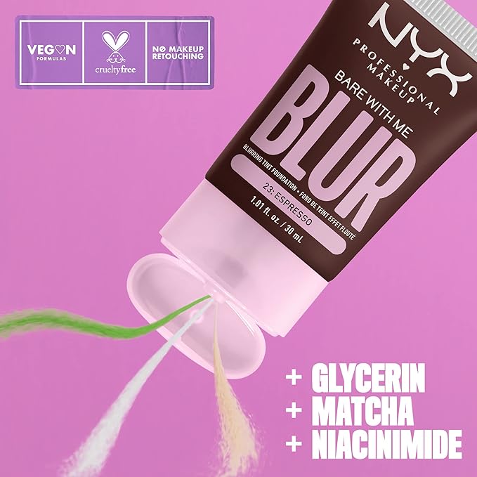 NYX PROFESSIONAL MAKEUP Bare With Me Blur Skin Tint Foundation Make Up with Matcha, Glycerin & Niacinamide - Espresso-Velvo Beauty
